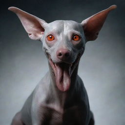 A canine interpretation of Voldemort, with striking features such as a flat, snake-like nose, an elongated, hairless figure, sinister red eyes, and of course, a distinctive, playful dog essence.