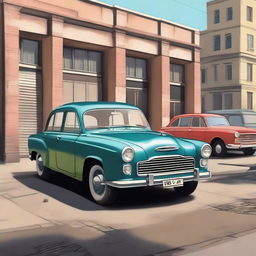 A cinema garage scene set on July 27, 2024, featuring a classic GAZ-21 car