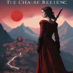 A book cover featuring a woman with a sword standing on a mountain, overlooking a town