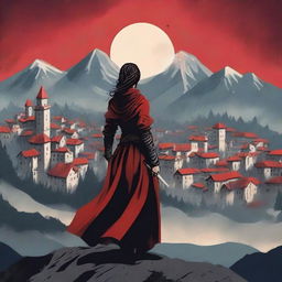 A book cover featuring a woman with a sword standing on a mountain, overlooking a town