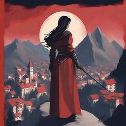 A book cover featuring a woman with a sword standing on a mountain, overlooking a town