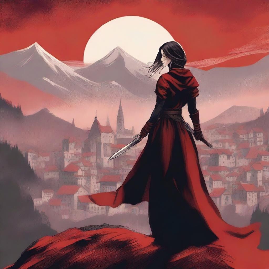 A book cover featuring a woman with a sword standing on a mountain, overlooking a town