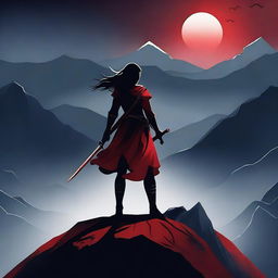 Create a book cover featuring a woman holding a sword, standing on a mountain overlooking a town