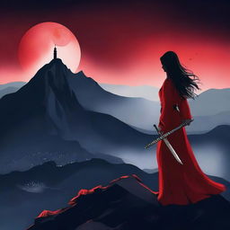 Create a book cover featuring a woman holding a sword, standing on a mountain overlooking a town