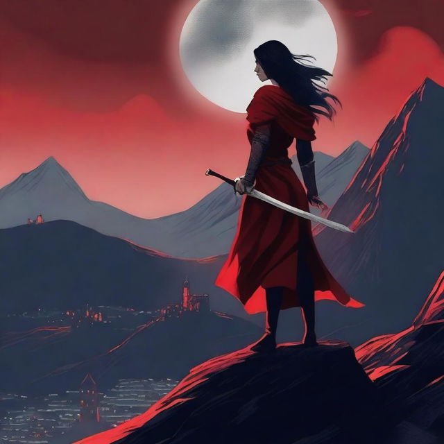 Create a book cover featuring a woman holding a sword, standing on a mountain overlooking a town