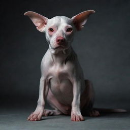 A canine interpretation of Voldemort, with striking features such as a flat, snake-like nose, an elongated, hairless figure, sinister red eyes, and of course, a distinctive, playful dog essence.