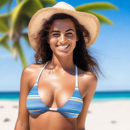 A girl wearing a bikini with a focus on her large chest, set in a beach environment