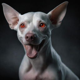 A canine interpretation of Voldemort, with striking features such as a flat, snake-like nose, an elongated, hairless figure, sinister red eyes, and of course, a distinctive, playful dog essence.