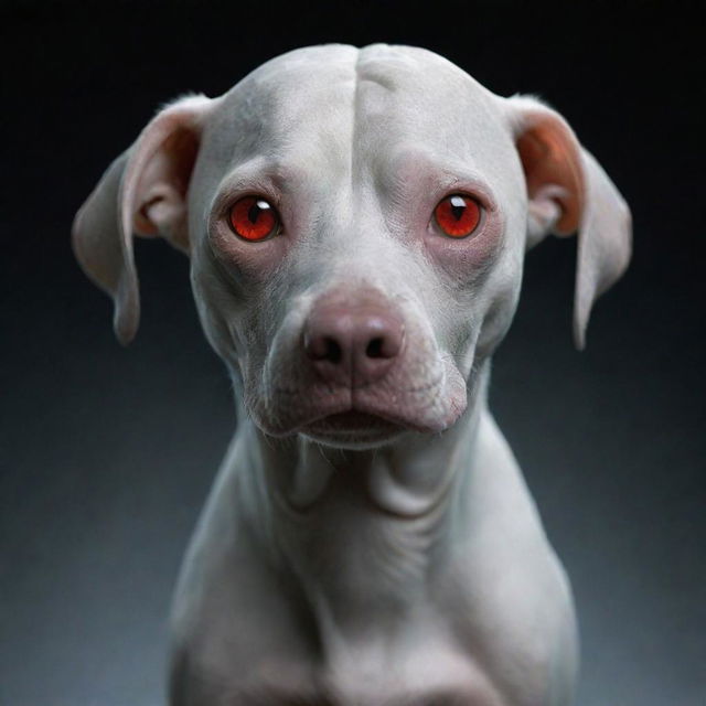 A canine interpretation of Voldemort, with striking features such as a flat, snake-like nose, an elongated, hairless figure, sinister red eyes, and of course, a distinctive, playful dog essence.