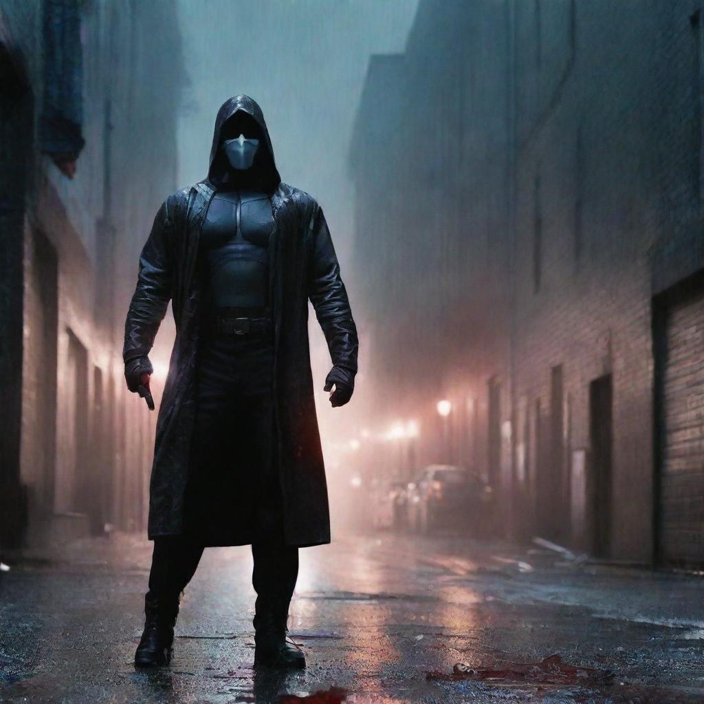 A dark and gritty superhero slasher scene, featuring a masked vigilante with a blood-stained weapon in a shadowy urban alley