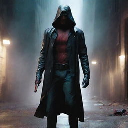 A dark and gritty superhero slasher scene, featuring a masked vigilante with a blood-stained weapon in a shadowy urban alley