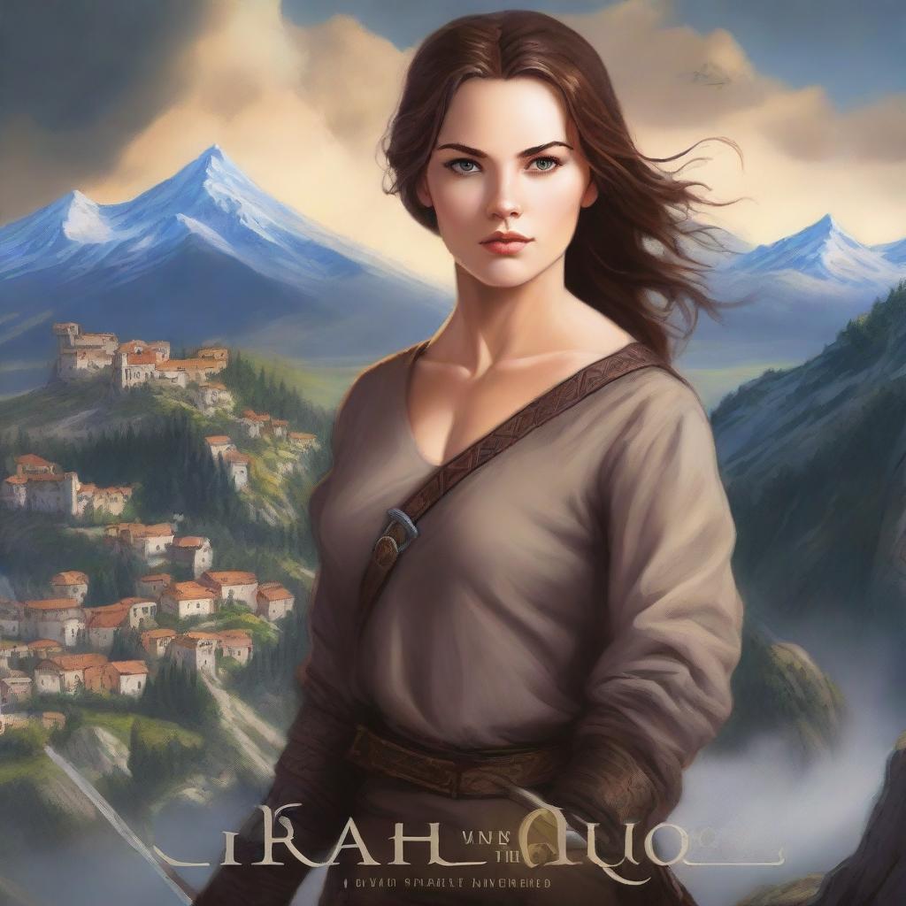 A high quality book cover featuring a strong woman holding a sword, standing on a mountain overlooking a picturesque town