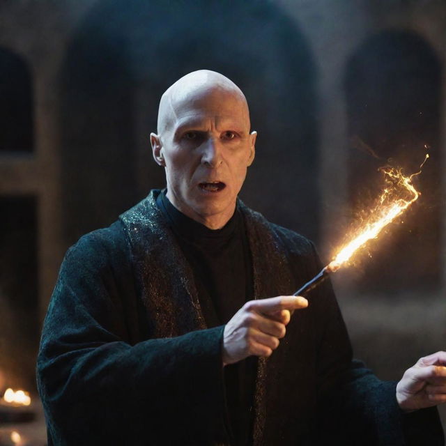 Voldemort with a dog face, performing a spell with a wand, surrounded by vibrant magical sparks