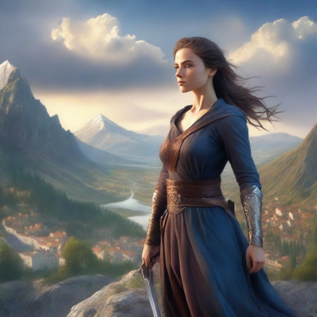 A high quality book cover featuring a strong woman holding a sword, standing on a mountain overlooking a picturesque town