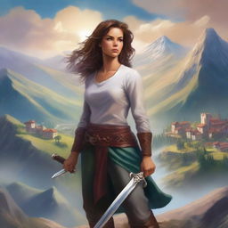 A high quality book cover featuring a strong woman holding a sword, standing on a mountain overlooking a picturesque town