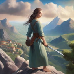 A high quality book cover featuring a strong woman holding a sword, standing on a mountain overlooking a picturesque town