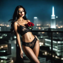 A gorgeous Italian woman with an olive skin tone, silky long straight black hair, smokey makeup, and lined lips, wearing sexy lingerie and heels