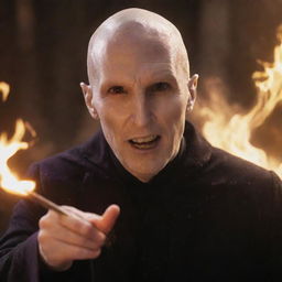 Voldemort with a dog face, performing a spell with a wand, surrounded by vibrant magical sparks