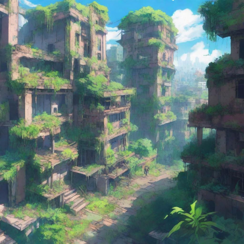 An aerial view of an abandoned city, overgrown with vegetation