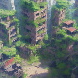 An aerial view of an abandoned city, overgrown with vegetation