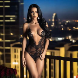 A gorgeous Italian woman with an olive skin tone, silky long straight black hair, smokey makeup, and lined lips, wearing sexy lingerie and heels