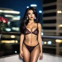 A gorgeous Italian woman with an olive skin tone, silky long straight black hair, smokey makeup, and lined lips, wearing sexy lingerie and heels