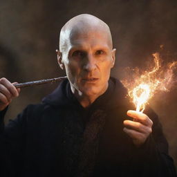 Voldemort with a dog face, performing a spell with a wand, surrounded by vibrant magical sparks