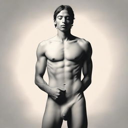 An artistic depiction of a person who is half-naked, showing upper body nudity