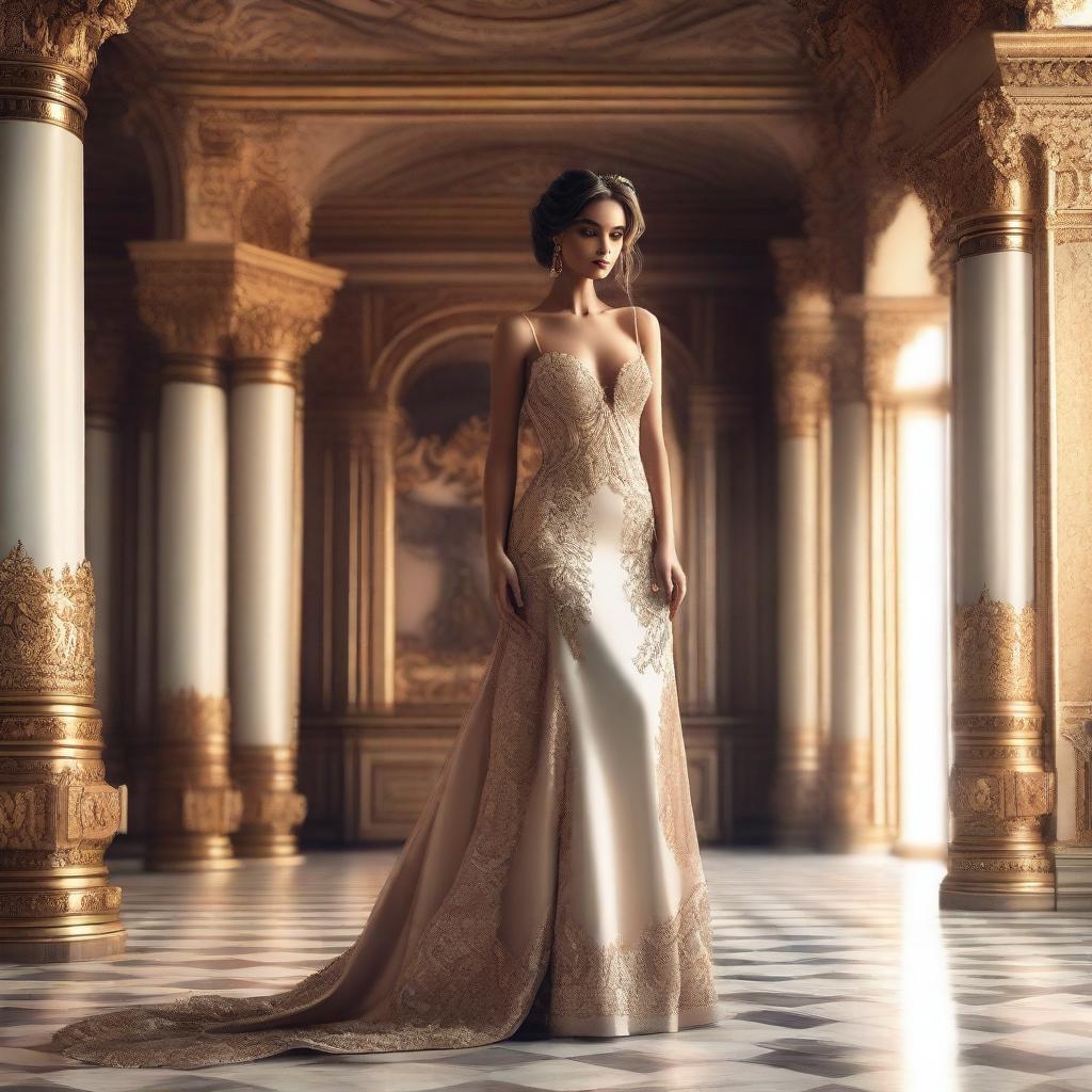 A beautiful princess wearing a sexy gown, standing gracefully in a luxurious palace