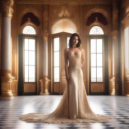 A beautiful princess wearing a sexy gown, standing gracefully in a luxurious palace