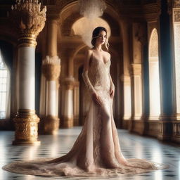 A beautiful princess wearing a sexy gown, standing gracefully in a luxurious palace