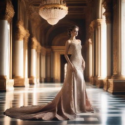 A beautiful princess wearing a sexy gown, standing gracefully in a luxurious palace