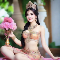 Gambar seorang putri raja yang cantik mengenakan gaun seksi dengan bagian dada yang sedikit terbuka