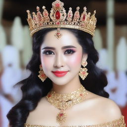 Gambar seorang putri raja yang cantik mengenakan gaun seksi dengan bagian dada yang terlihat menonjol