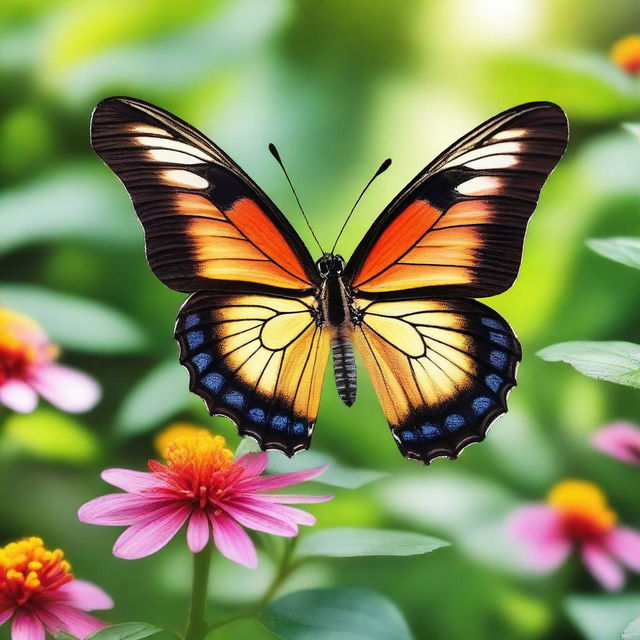 A realistic butterfly perched on a vibrant flower in a natural setting