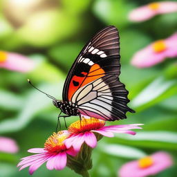 A realistic butterfly perched on a vibrant flower in a natural setting