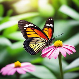 A realistic butterfly perched on a vibrant flower in a natural setting