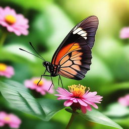 A realistic butterfly perched on a vibrant flower in a natural setting