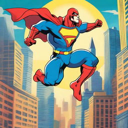 A dynamic superhero in action, leaping through the air with a powerful punch ready, set against a vibrant cityscape background