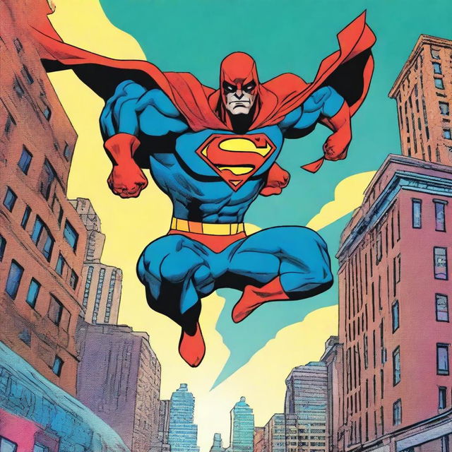 A dynamic superhero in action, leaping through the air with a powerful punch ready, set against a vibrant cityscape background