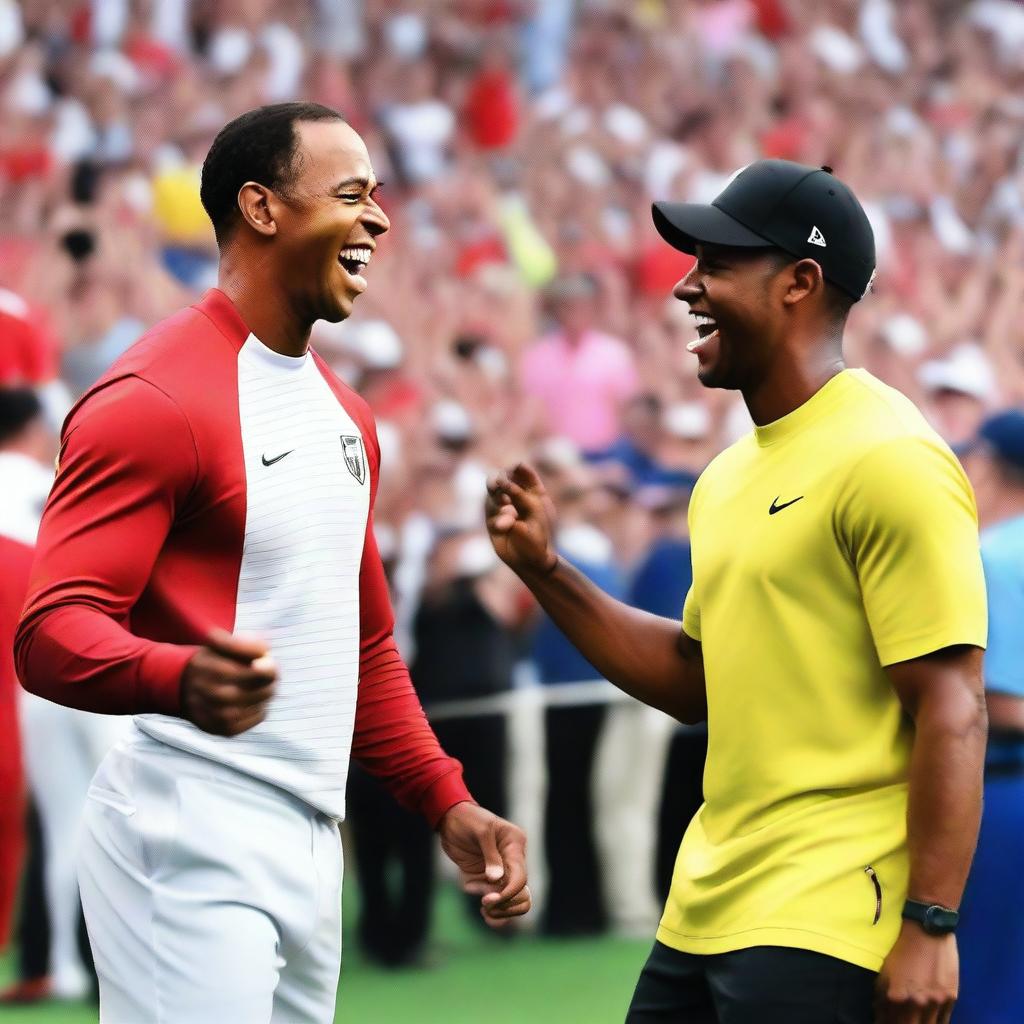 Tiger Woods and LeBron James sharing a celebratory dap in a sports stadium