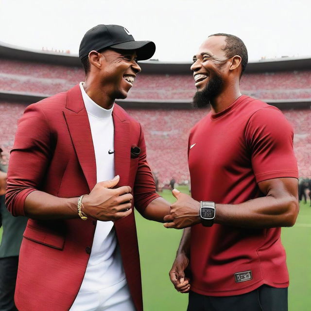 Tiger Woods and LeBron James sharing a celebratory dap in a sports stadium