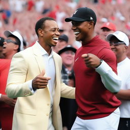 Tiger Woods and LeBron James sharing a celebratory dap in a sports stadium