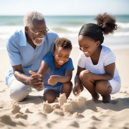 A heartwarming scene of black grandparents enjoying a sunny day at the beach with their grandkids