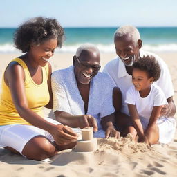 A heartwarming scene of black grandparents enjoying a sunny day at the beach with their grandkids