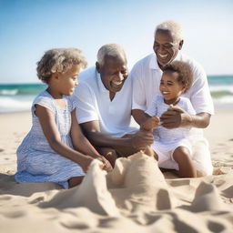 A heartwarming scene of black grandparents enjoying a sunny day at the beach with their grandkids