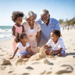 A heartwarming scene of black grandparents enjoying a sunny day at the beach with their grandkids