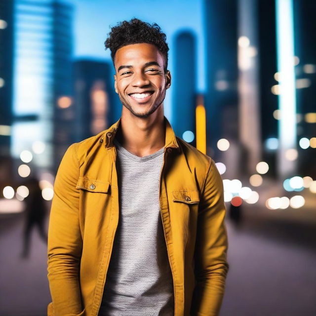 A handsome young man with a charming smile, wearing stylish clothing, standing confidently in a modern urban setting