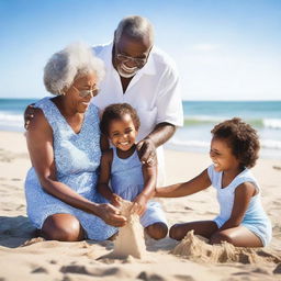 A heartwarming scene of black grandparents enjoying a sunny day at the beach with their grandchildren