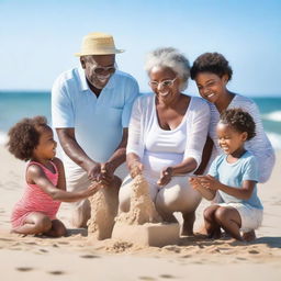 A heartwarming scene of black grandparents enjoying a sunny day at the beach with their grandchildren